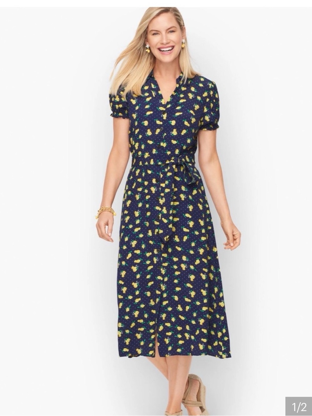 Talbots Navy Maxi Dress with Yellow Lemon Print